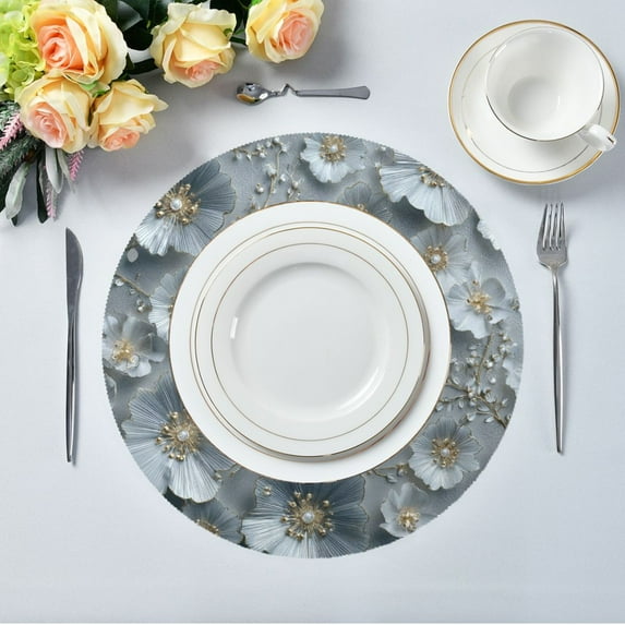 15.4" Round Placemat Set of 1 Polyester Fabric Place Mats Non-Slip Dining Kitchen Table Mats for Kitchen Party Decor Silver Flowers Pattern