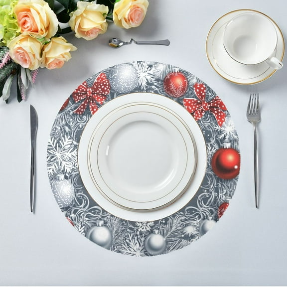 15.4" Round Placemat Set of 1 Polyester Fabric Place Mats Non-Slip Dining Kitchen Table Mats for Kitchen Party Decor Silver Snowflakes and Ornaments