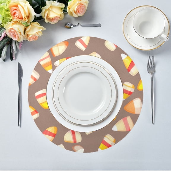 15.4" Round Placemat Set of 1 Polyester Fabric Place Mats Non-Slip Dining Kitchen Table Mats for Kitchen Party Decor Small Cartoon Candy Corn
