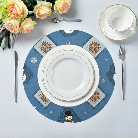 15.4" Round Placemat Set of 1 Polyester Fabric Place Mats Non-Slip Dining Kitchen Table Mats for Kitchen Party Decor Snowflakes and Smiling Snowmen