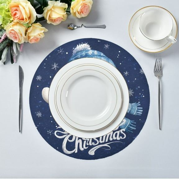 15.4" Round Placemat Set of 1 Polyester Fabric Place Mats Non-Slip Dining Kitchen Table Mats for Kitchen Party Decor Snowman and Christmas
