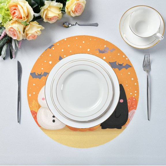 15.4" Round Placemat Set of 1 Polyester Fabric Place Mats Non-Slip Dining Kitchen Table Mats for Kitchen Party Decor Snowman and Pumpkin