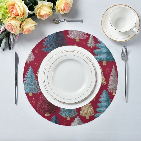 15.4" Round Placemat Set of 1 Polyester Fabric Place Mats Non-Slip Dining Kitchen Table Mats for Kitchen Party Decor Stylized Christmas Trees