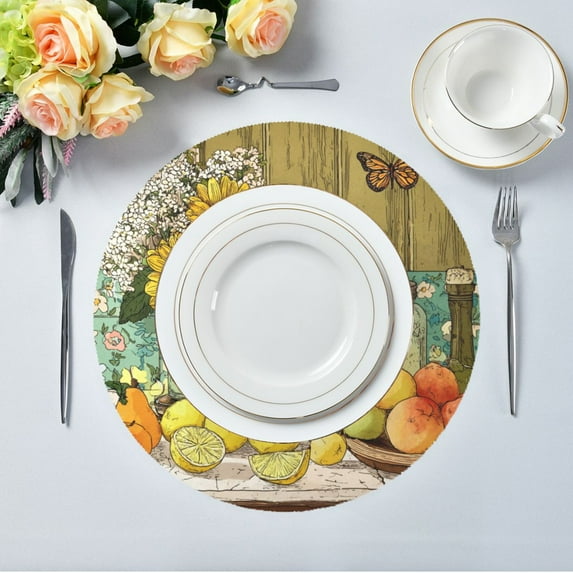 15.4" Round Placemat Set of 1 Polyester Fabric Place Mats Non-Slip Dining Kitchen Table Mats for Kitchen Party Decor Vase and Fruit Pattern
