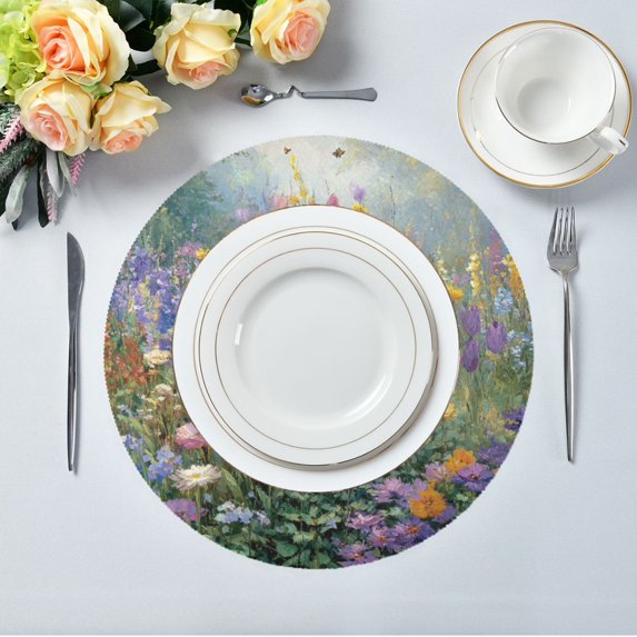 15.4" Round Placemat Set of 1 Polyester Fabric Place Mats Non-Slip Dining Kitchen Table Mats for Kitchen Party Decor Vibrant Garden Filled