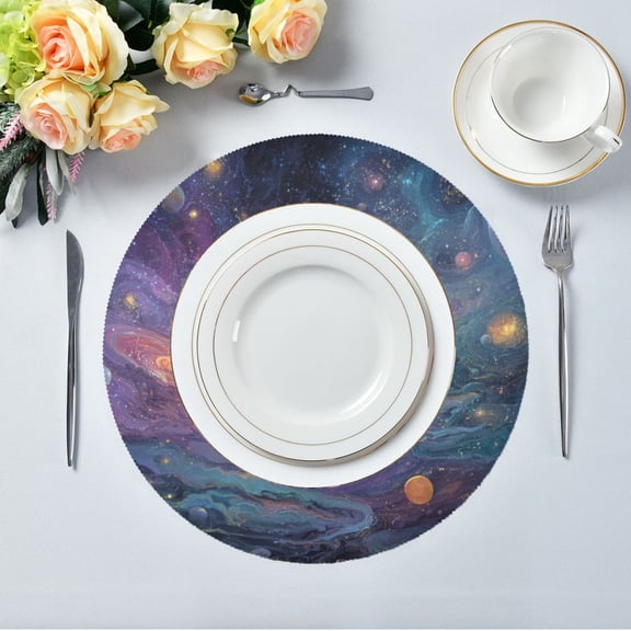 15.4" Round Placemat Set of 1 Polyester Fabric Place Mats Non-Slip Dining Kitchen Table Mats for Kitchen Party Decor Vibrant and Colorful Universe