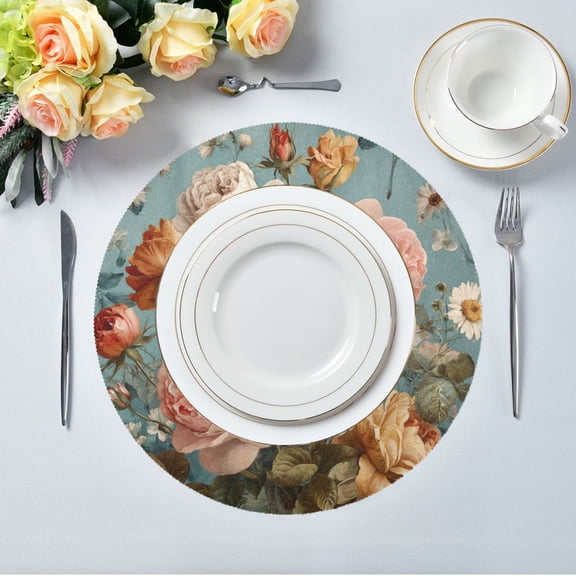 15.4" Round Placemat Set of 1 Polyester Fabric Place Mats Non-Slip Dining Kitchen Table Mats for Kitchen Party Decor Vintage Roses and Peonies