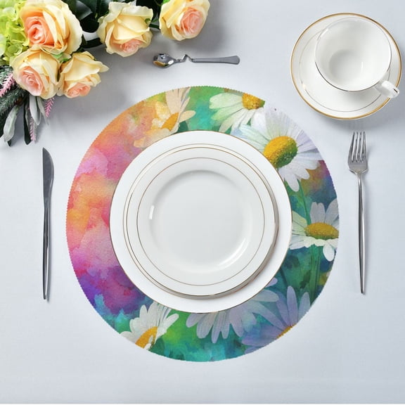 15.4" Round Placemat Set of 1 Polyester Fabric Place Mats Non-Slip Dining Kitchen Table Mats for Kitchen Party Decor Watercolor Daisies Pattern