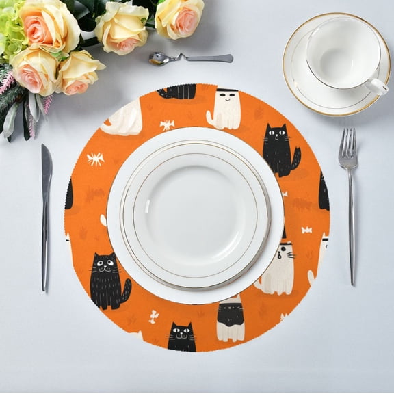 15.4" Round Placemat Set of 4 Polyester Fabric Place Mats Non-Slip Dining Kitchen Table Mats for Kitchen Party Decor Black Cat and White Cat