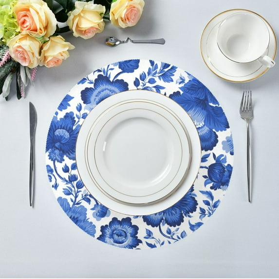 15.4" Round Placemat Set of 4 Polyester Fabric Place Mats Non-Slip Dining Kitchen Table Mats for Kitchen Party Decor Blue Floral Pattern