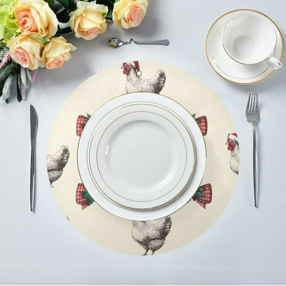 15.4" Round Placemat Set of 4 Polyester Fabric Place Mats Non-Slip Dining Kitchen Table Mats for Kitchen Party Decor Bow and Chickens