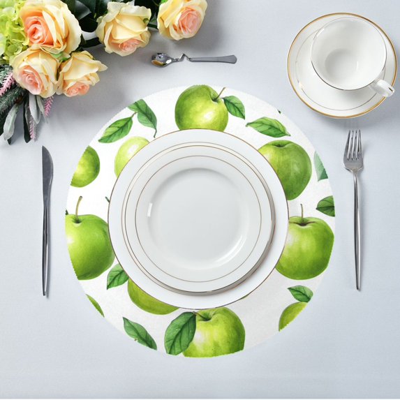 15.4" Round Placemat Set of 4 Polyester Fabric Place Mats Non-Slip Dining Kitchen Table Mats for Kitchen Party Decor Cartoon Green Apples Pattern