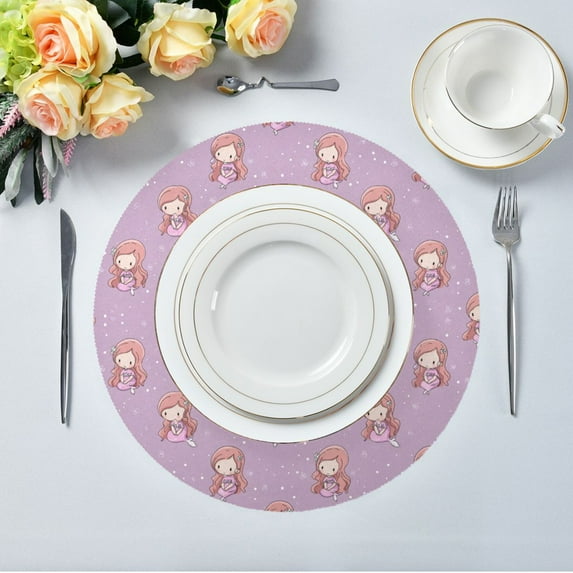 15.4" Round Placemat Set of 4 Polyester Fabric Place Mats Non-Slip Dining Kitchen Table Mats for Kitchen Party Decor Cartoon Mermaid Pattern