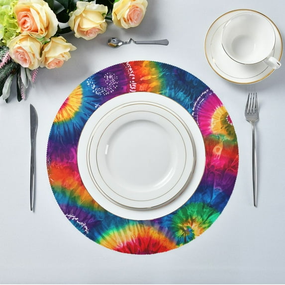 15.4" Round Placemat Set of 4 Polyester Fabric Place Mats Non-Slip Dining Kitchen Table Mats for Kitchen Party Decor Colorful Tie-dye with Swirling