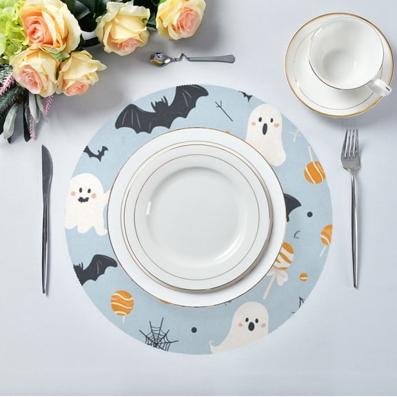 15.4" Round Placemat Set of 4 Polyester Fabric Place Mats Non-Slip Dining Kitchen Table Mats for Kitchen Party Decor Cute Halloween-themed Clipart