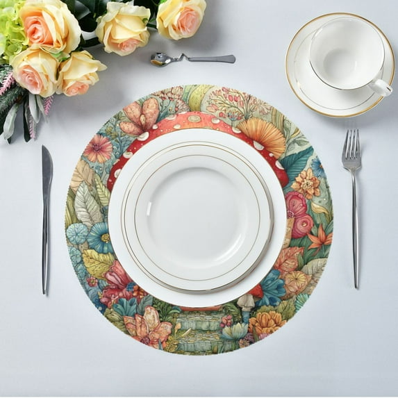 15.4" Round Placemat Set of 4 Polyester Fabric Place Mats Non-Slip Dining Kitchen Table Mats for Kitchen Party Decor Cute Mushroom House