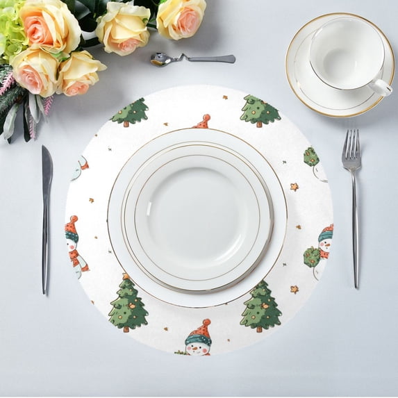 15.4" Round Placemat Set of 4 Polyester Fabric Place Mats Non-Slip Dining Kitchen Table Mats for Kitchen Party Decor Cute Snowman and Christmas Tree