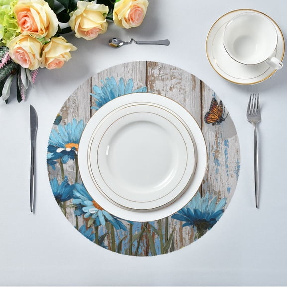 15.4" Round Placemat Set of 4 Polyester Fabric Place Mats Non-Slip Dining Kitchen Table Mats for Kitchen Party Decor Cyan Daisy Flowers
