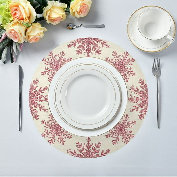 15.4" Round Placemat Set of 4 Polyester Fabric Place Mats Non-Slip Dining Kitchen Table Mats for Kitchen Party Decor Elegant Red Snowflakes Pattern