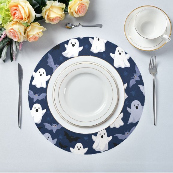 15.4" Round Placemat Set of 4 Polyester Fabric Place Mats Non-Slip Dining Kitchen Table Mats for Kitchen Party Decor Halloween Ghost Pattern