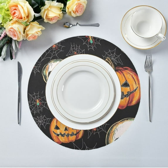 15.4" Round Placemat Set of 4 Polyester Fabric Place Mats Non-Slip Dining Kitchen Table Mats for Kitchen Party Decor Hand-drawn Skull and Pumpkin