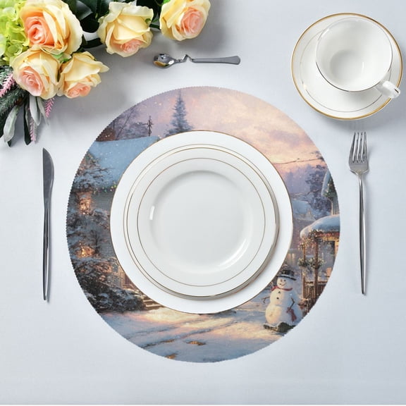 15.4" Round Placemat Set of 4 Polyester Fabric Place Mats Non-Slip Dining Kitchen Table Mats for Kitchen Party Decor Magical Snow-covered Village