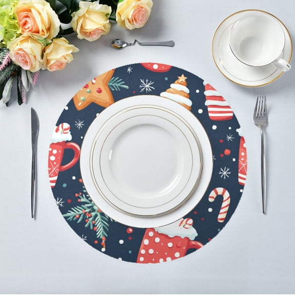 15.4" Round Placemat Set of 4 Polyester Fabric Place Mats Non-Slip Dining Kitchen Table Mats for Kitchen Party Decor New Year's Pattern
