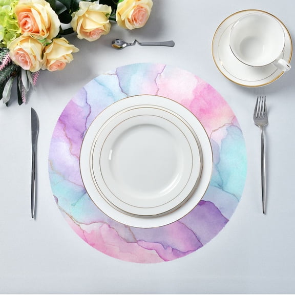 15.4" Round Placemat Set of 4 Polyester Fabric Place Mats Non-Slip Dining Kitchen Table Mats for Kitchen Party Decor Pastel Pink Marble Texture