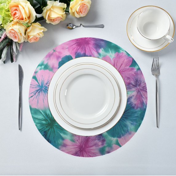 15.4" Round Placemat Set of 4 Polyester Fabric Place Mats Non-Slip Dining Kitchen Table Mats for Kitchen Party Decor Pink and Teal Tie-dye
