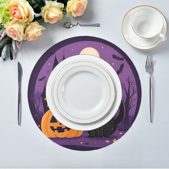 15.4" Round Placemat Set of 4 Polyester Fabric Place Mats Non-Slip Dining Kitchen Table Mats for Kitchen Party Decor Pumpkin and Castle