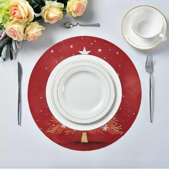 15.4" Round Placemat Set of 4 Polyester Fabric Place Mats Non-Slip Dining Kitchen Table Mats for Kitchen Party Decor Red Christmas Tree