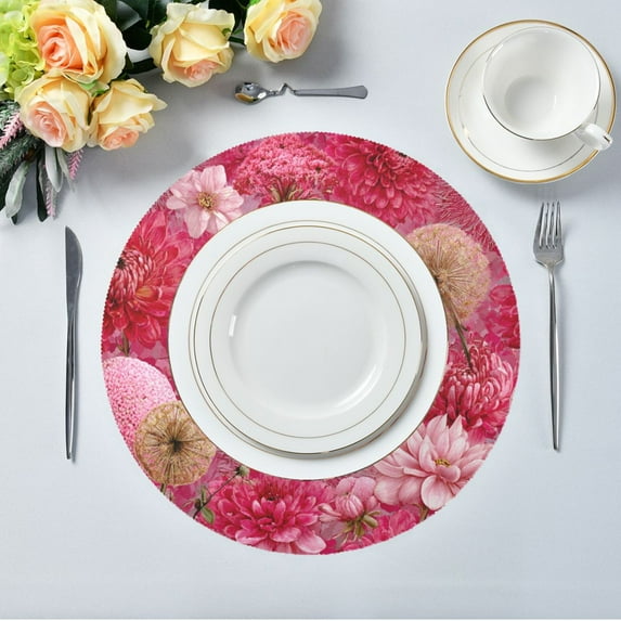 15.4" Round Placemat Set of 4 Polyester Fabric Place Mats Non-Slip Dining Kitchen Table Mats for Kitchen Party Decor Red Chrysanthemum and Dandelion
