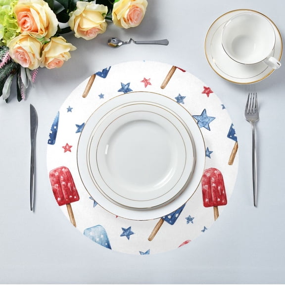 15.4" Round Placemat Set of 4 Polyester Fabric Place Mats Non-Slip Dining Kitchen Table Mats for Kitchen Party Decor Red and Blue Popsicle