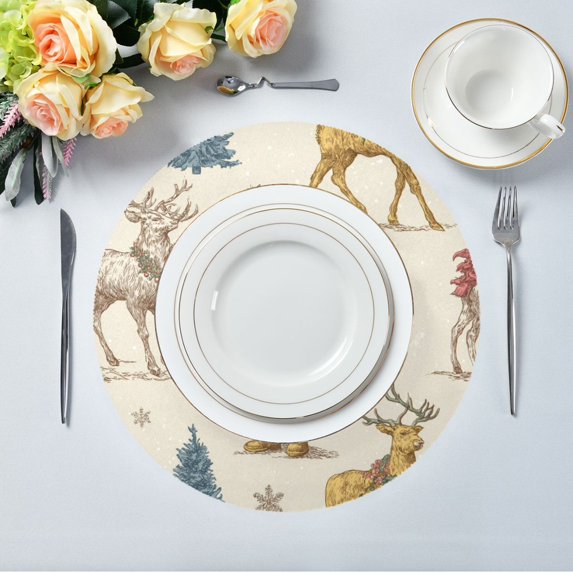 15.4" Round Placemat Set of 4 Polyester Fabric Place Mats Non-Slip Dining Kitchen Table Mats for Kitchen Party Decor Retro Santa Claus and Reindeer