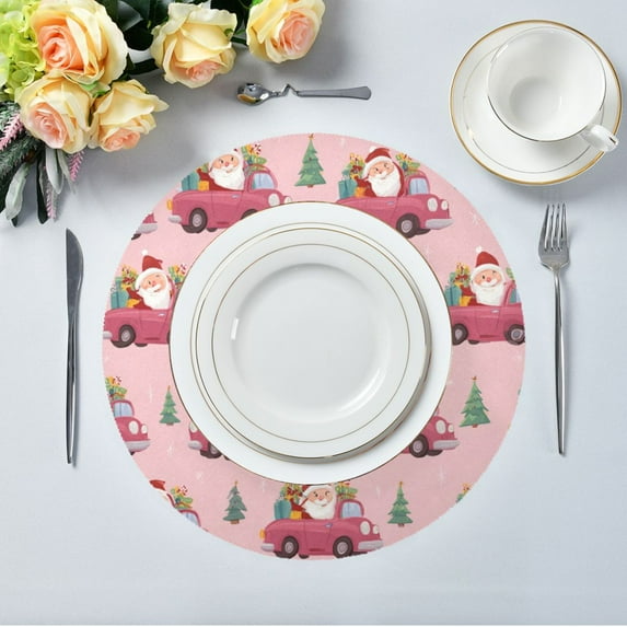 15.4" Round Placemat Set of 4 Polyester Fabric Place Mats Non-Slip Dining Kitchen Table Mats for Kitchen Party Decor Santa Claus Driving in Red Cars