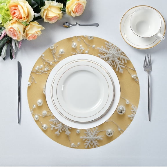 15.4" Round Placemat Set of 4 Polyester Fabric Place Mats Non-Slip Dining Kitchen Table Mats for Kitchen Party Decor Silver Color Snowflakes