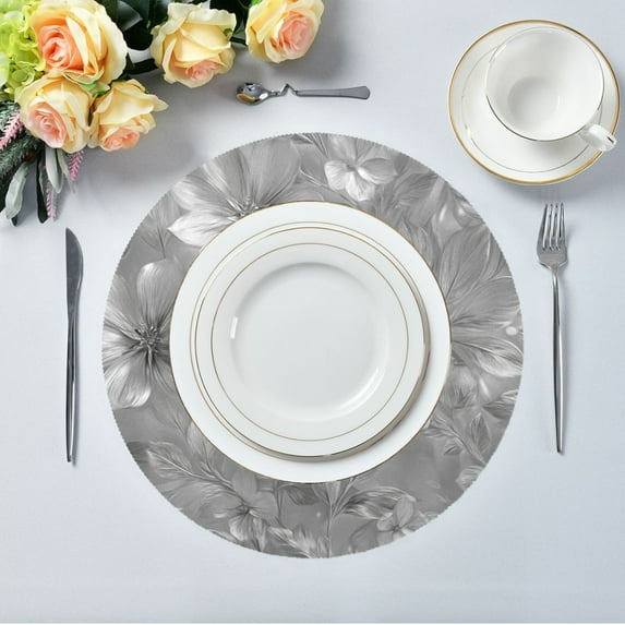 15.4" Round Placemat Set of 4 Polyester Fabric Place Mats Non-Slip Dining Kitchen Table Mats for Kitchen Party Decor Silver Metal Flower Pattern