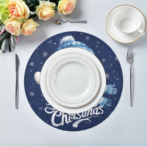 15.4" Round Placemat Set of 4 Polyester Fabric Place Mats Non-Slip Dining Kitchen Table Mats for Kitchen Party Decor Snowman and Christmas