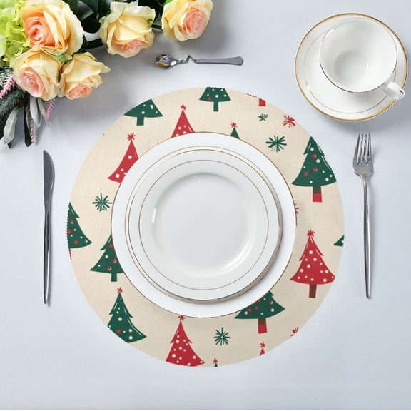15.4" Round Placemat Set of 4 Polyester Fabric Place Mats Non-Slip Dining Kitchen Table Mats for Kitchen Party Decor Stylish Christmas Tree Pattern