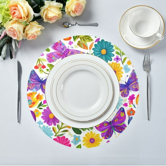 15.4" Round Placemat Set of 4 Polyester Fabric Place Mats Non-Slip Dining Kitchen Table Mats for Kitchen Party Decor Vibrant and Lively Butterflies