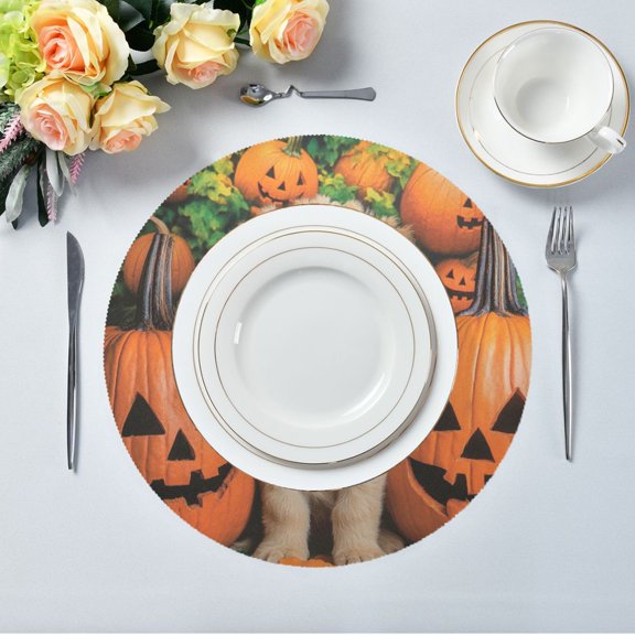 15.4" Round Placemat Set of 6 Polyester Fabric Place Mats Non-Slip Dining Kitchen Table Mats for Kitchen Party Decor A Puppy and Oumpkins