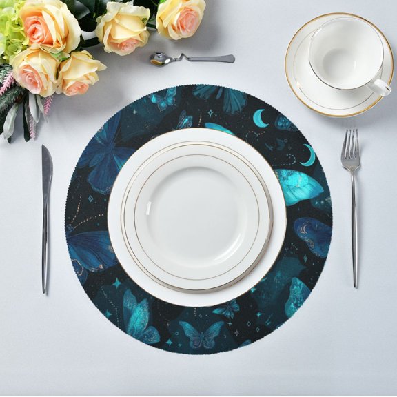 15.4" Round Placemat Set of 6 Polyester Fabric Place Mats Non-Slip Dining Kitchen Table Mats for Kitchen Party Decor Blue-green Butterfly Pattern