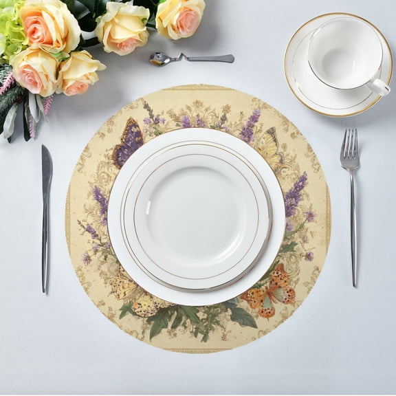 15.4" Round Placemat Set of 6 Polyester Fabric Place Mats Non-Slip Dining Kitchen Table Mats for Kitchen Party Decor Butterflies and Lavender Pattern