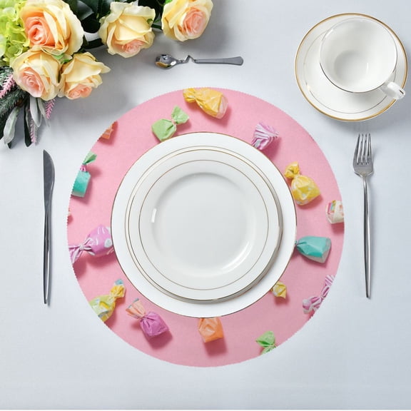 15.4" Round Placemat Set of 6 Polyester Fabric Place Mats Non-Slip Dining Kitchen Table Mats for Kitchen Party Decor Candy