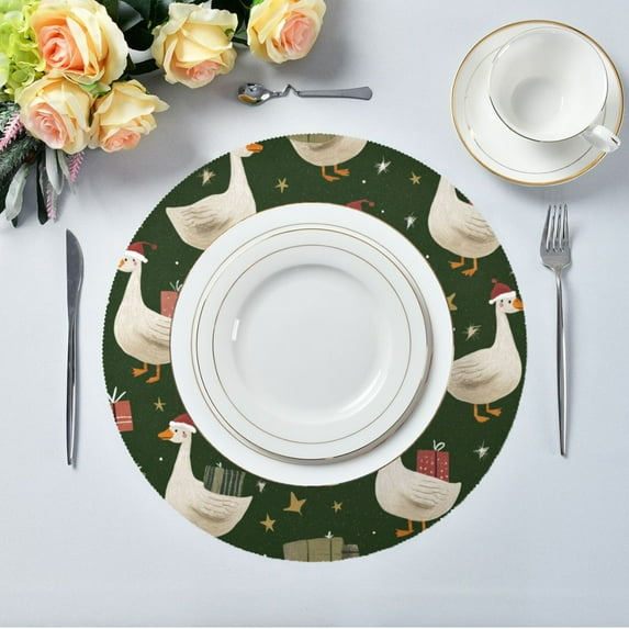 15.4" Round Placemat Set of 6 Polyester Fabric Place Mats Non-Slip Dining Kitchen Table Mats for Kitchen Party Decor Cartoon Geese Carrying Presents