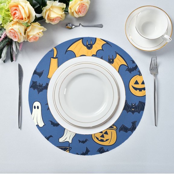 15.4" Round Placemat Set of 6 Polyester Fabric Place Mats Non-Slip Dining Kitchen Table Mats for Kitchen Party Decor Cartoon Halloween Pattern