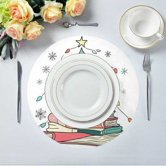 15.4" Round Placemat Set of 6 Polyester Fabric Place Mats Non-Slip Dining Kitchen Table Mats for Kitchen Party Decor Christmas Tree Made Of Books