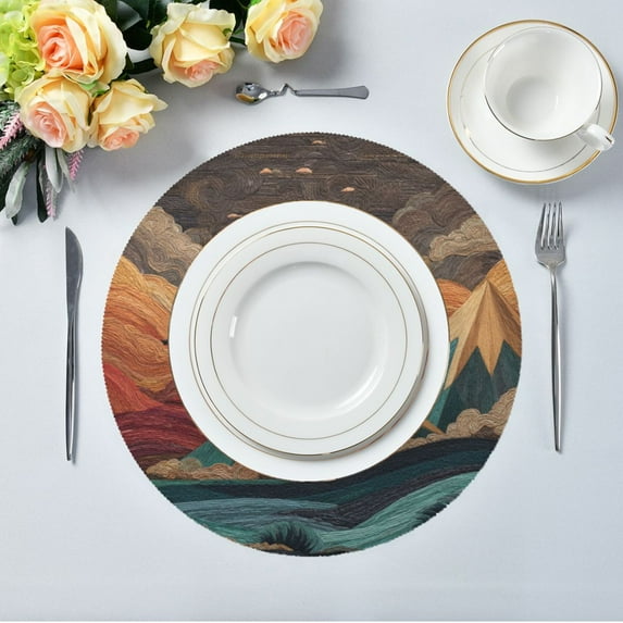 15.4" Round Placemat Set of 6 Polyester Fabric Place Mats Non-Slip Dining Kitchen Table Mats for Kitchen Party Decor Colorful Clouds and Mountains