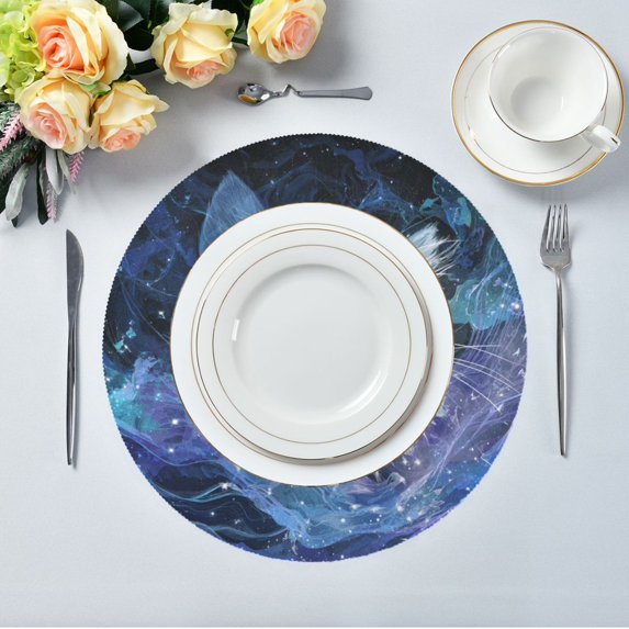 15.4" Round Placemat Set of 6 Polyester Fabric Place Mats Non-Slip Dining Kitchen Table Mats for Kitchen Party Decor Cute Blue and White Cat