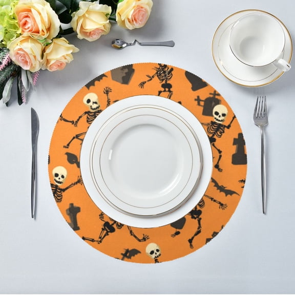 15.4" Round Placemat Set of 6 Polyester Fabric Place Mats Non-Slip Dining Kitchen Table Mats for Kitchen Party Decor Dancing Skeletons and Bats
